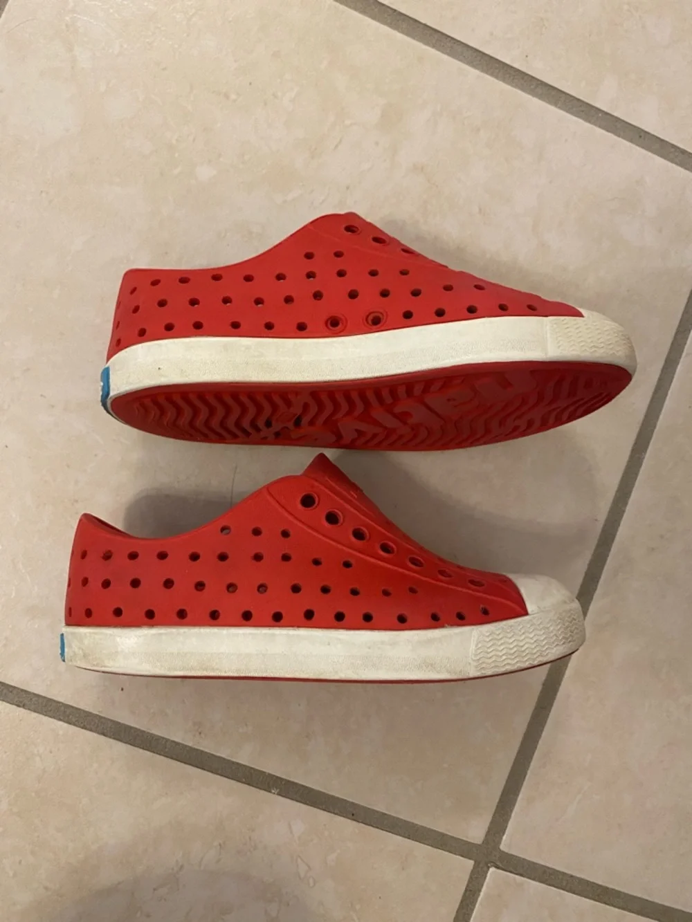Native Slip-On Kids Water Shoes in Red with White Toe